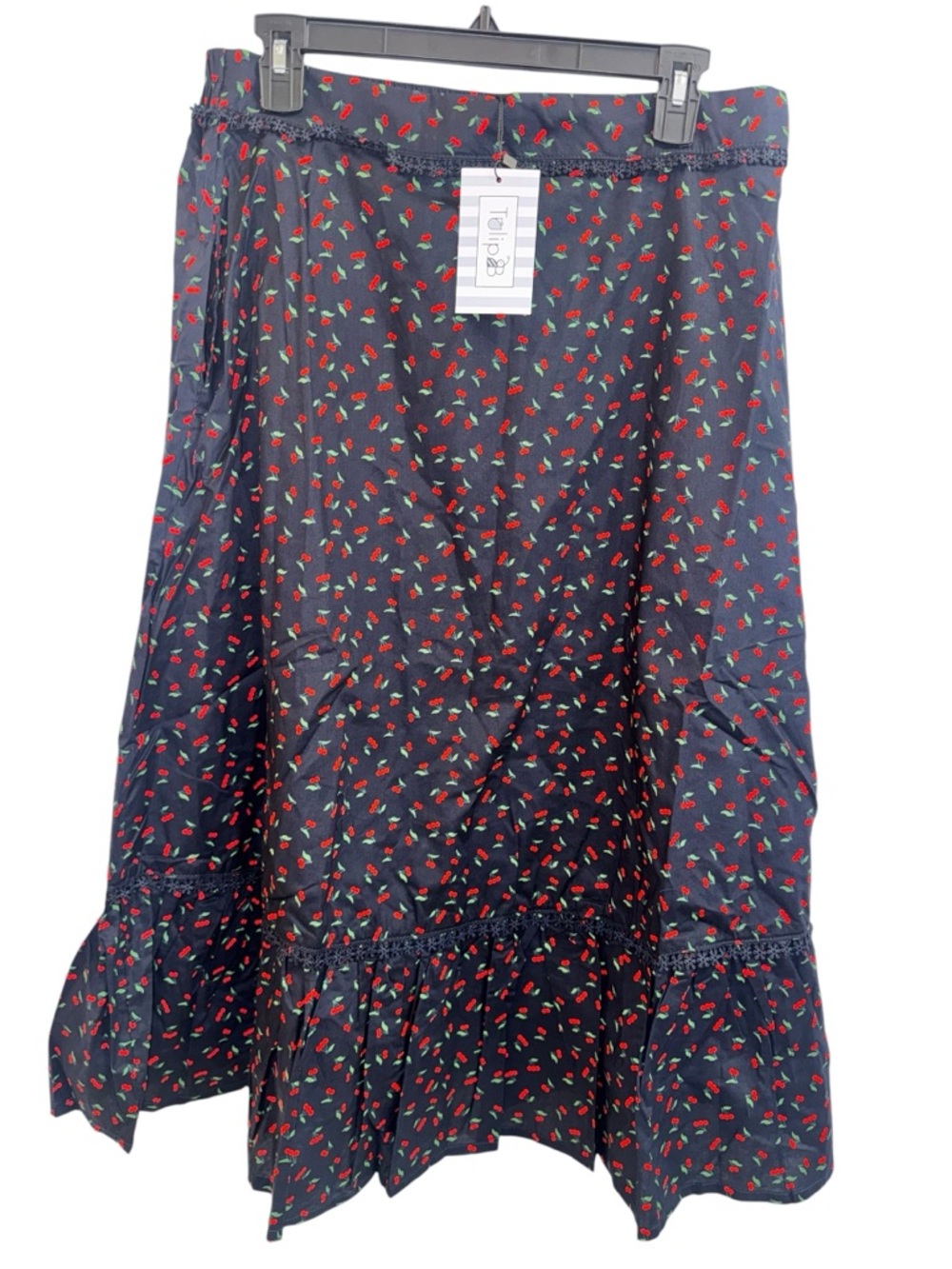 Tulip B Navy Midi Skirt with Red Cherry Print - 100% Cotton